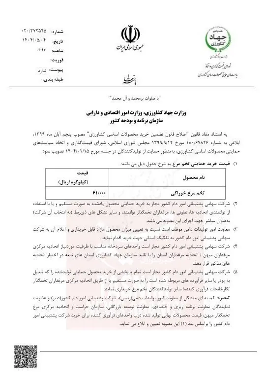 قیمت رسمی هر کیلو تخم مرغ اعلام شد (5 مرداد) 2