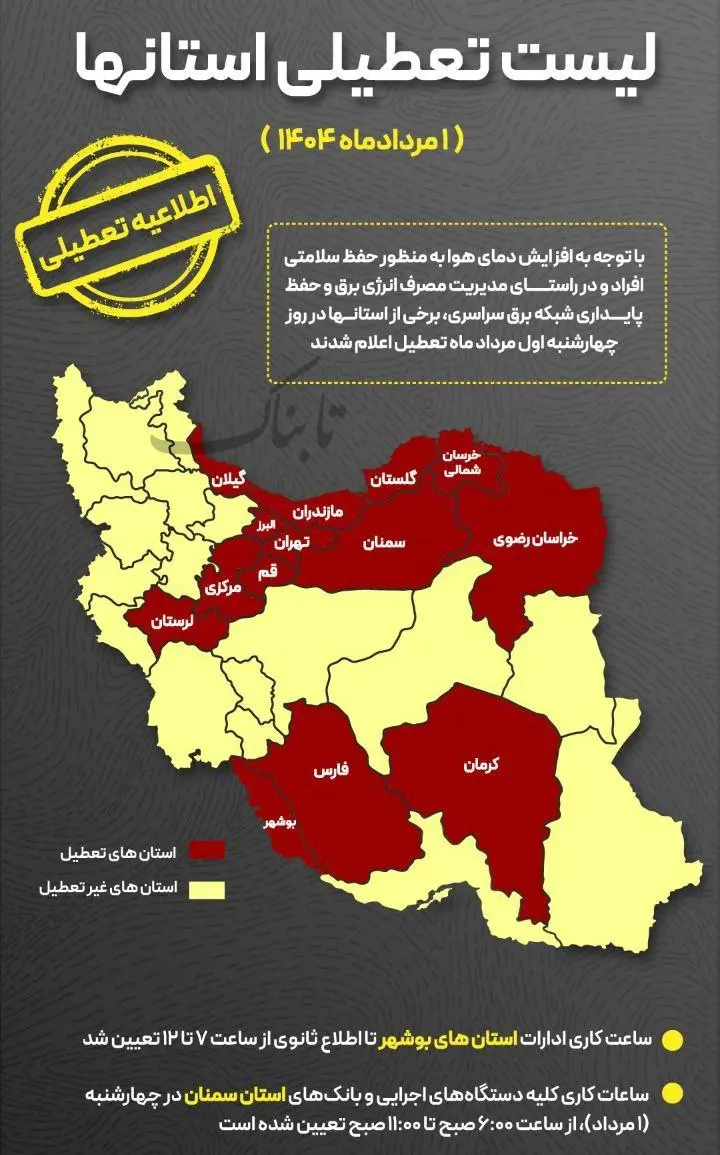 لیست تعطیلی استان‌ها چهارشنبه اول مردادماه 2