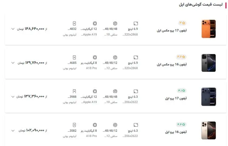 قیمت گوشی های آیفون امروز 8 آبان 1404 | آیفون 17 نجومی شد 2