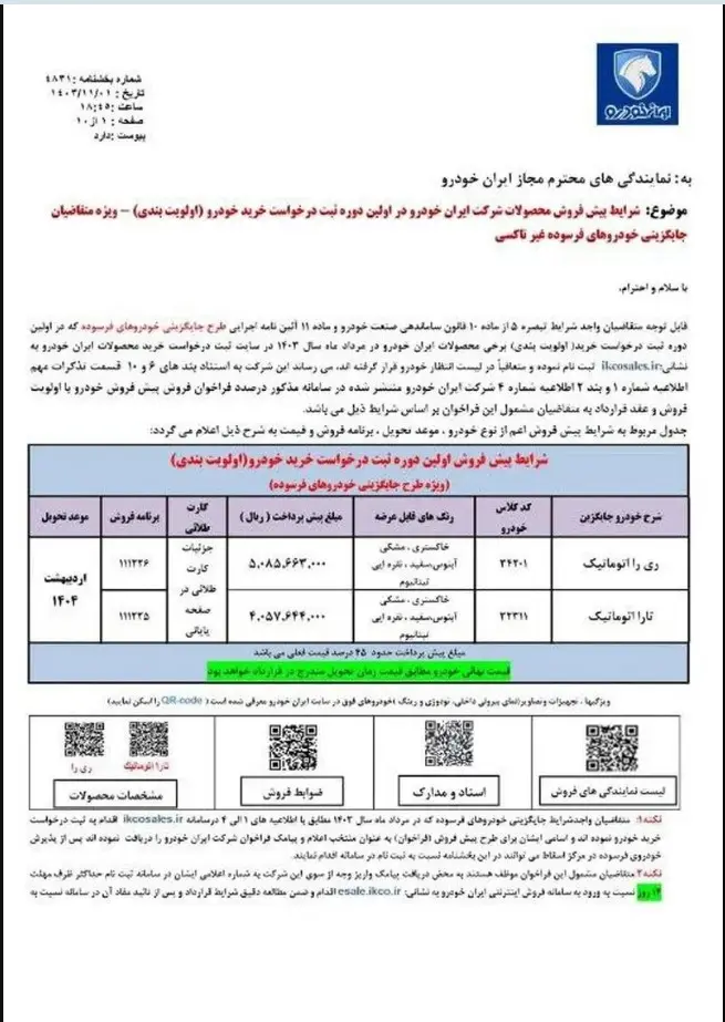 شرایط فروش ری را و تارا ایران خودرو ویژه بهمن 1403 اعلام شد 2