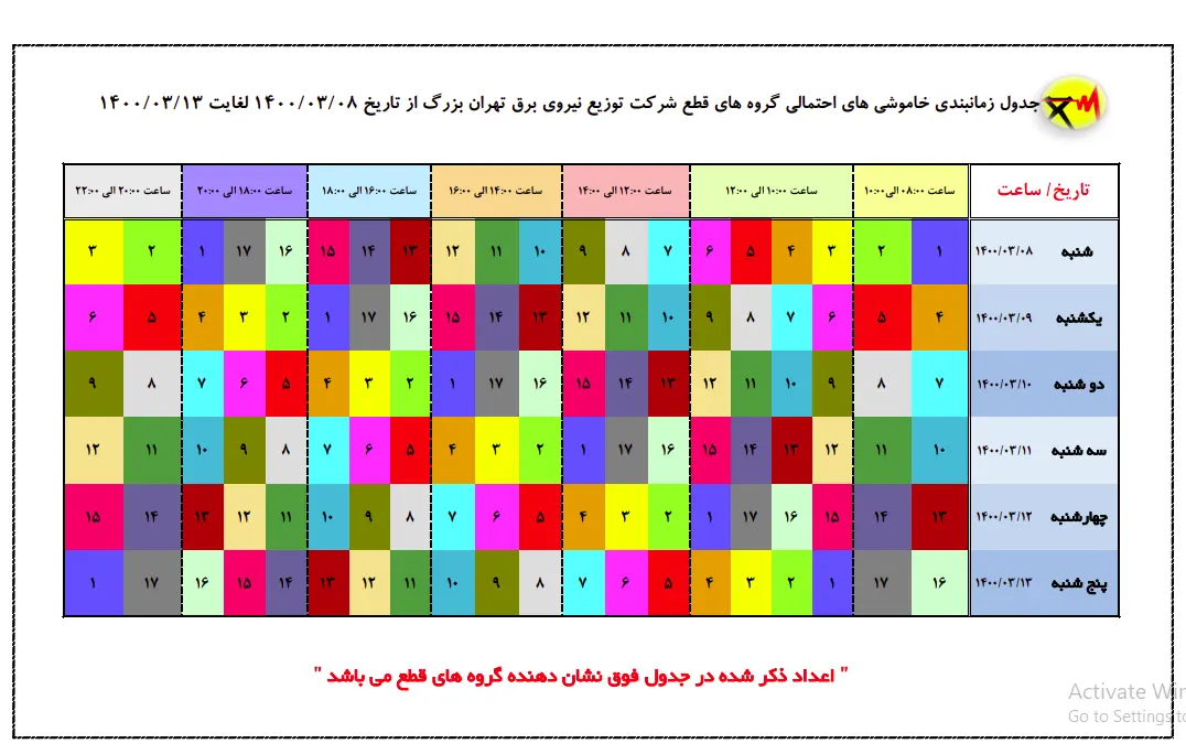 خاموشی+جدول