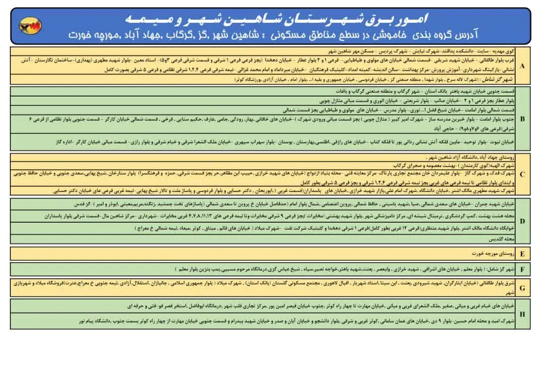 جدول قطعی برق تهران، کرمانشاه، اصفهان و دیگر استان ها (جمعه 7 شهریور) 3