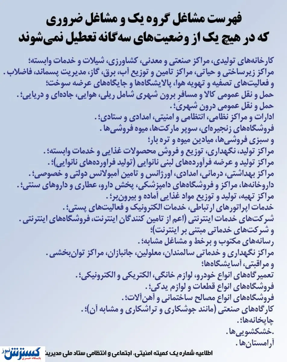 مشاغل مجاز به فعالیت در تعطیلات کرونایی + اسامی